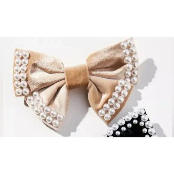 Anthropologie Pearl-Embellished Velvet Hair Bows Barrett Clip NWT Cream Preppy - Picture 1 of 5